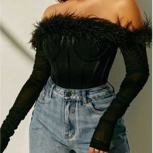 Faux Feather Long Sleeve Bodysuit